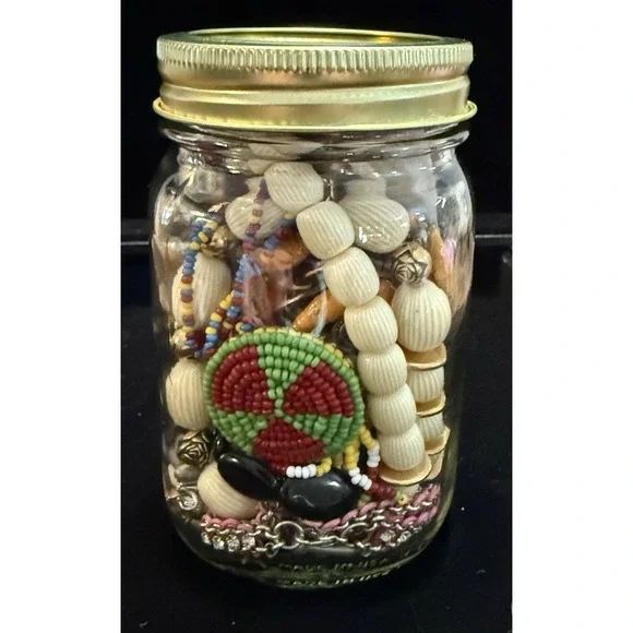 Jewelry Jar Wearable Lot Beads Necklaces Bracelets Earrings Vintage 16oz Jar - Picture 2 of 9